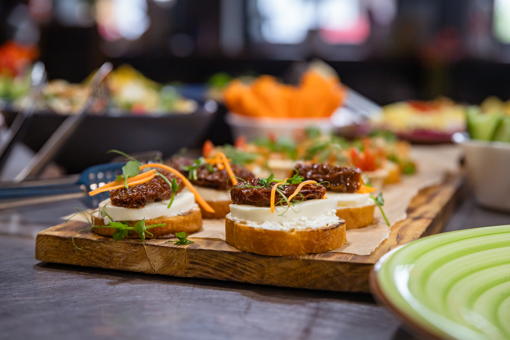 Banquet table served for holiday with canape and different snacks. European food. Catering.